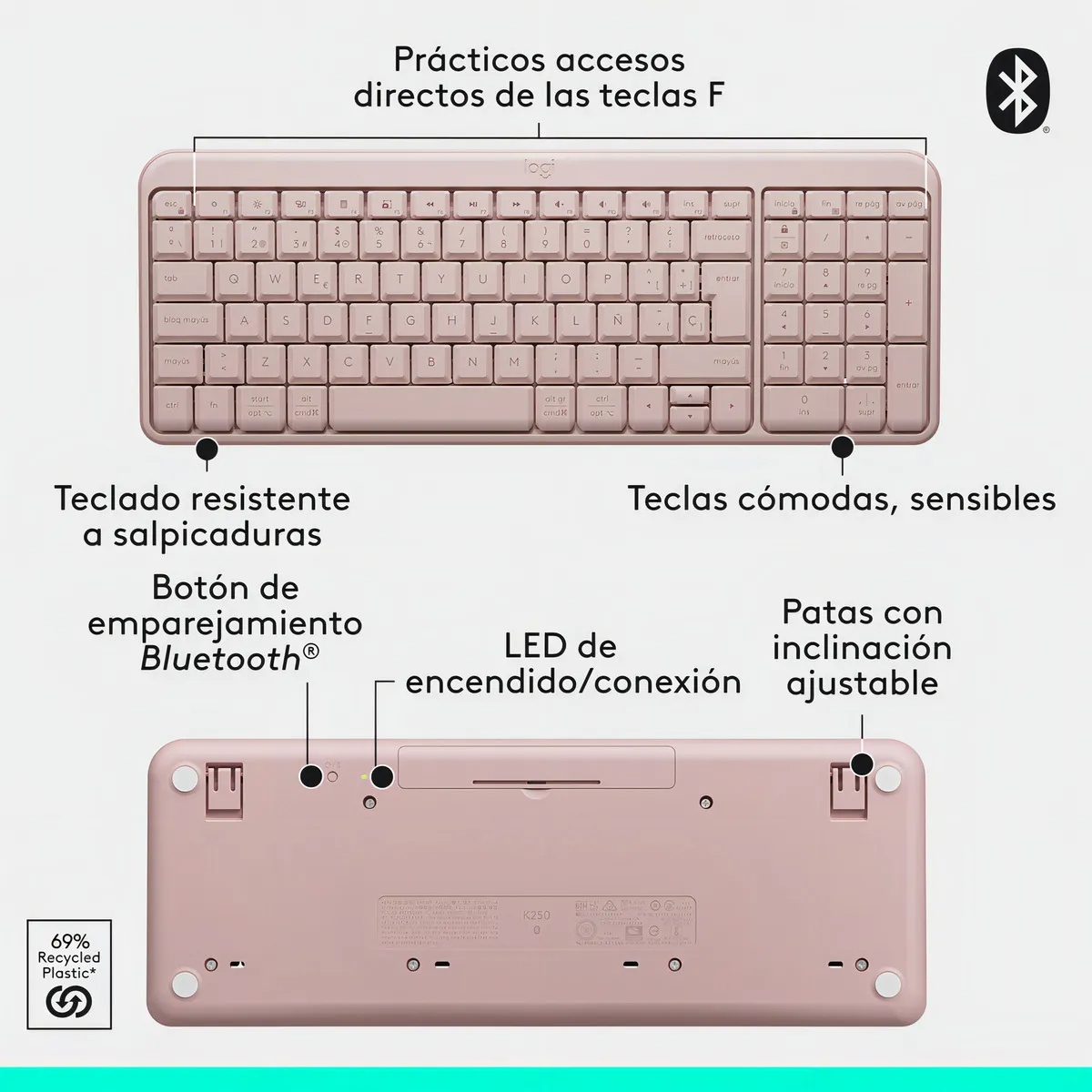 Teclado Logitech K250 Workspace inalámbrico rosa QWERTY español