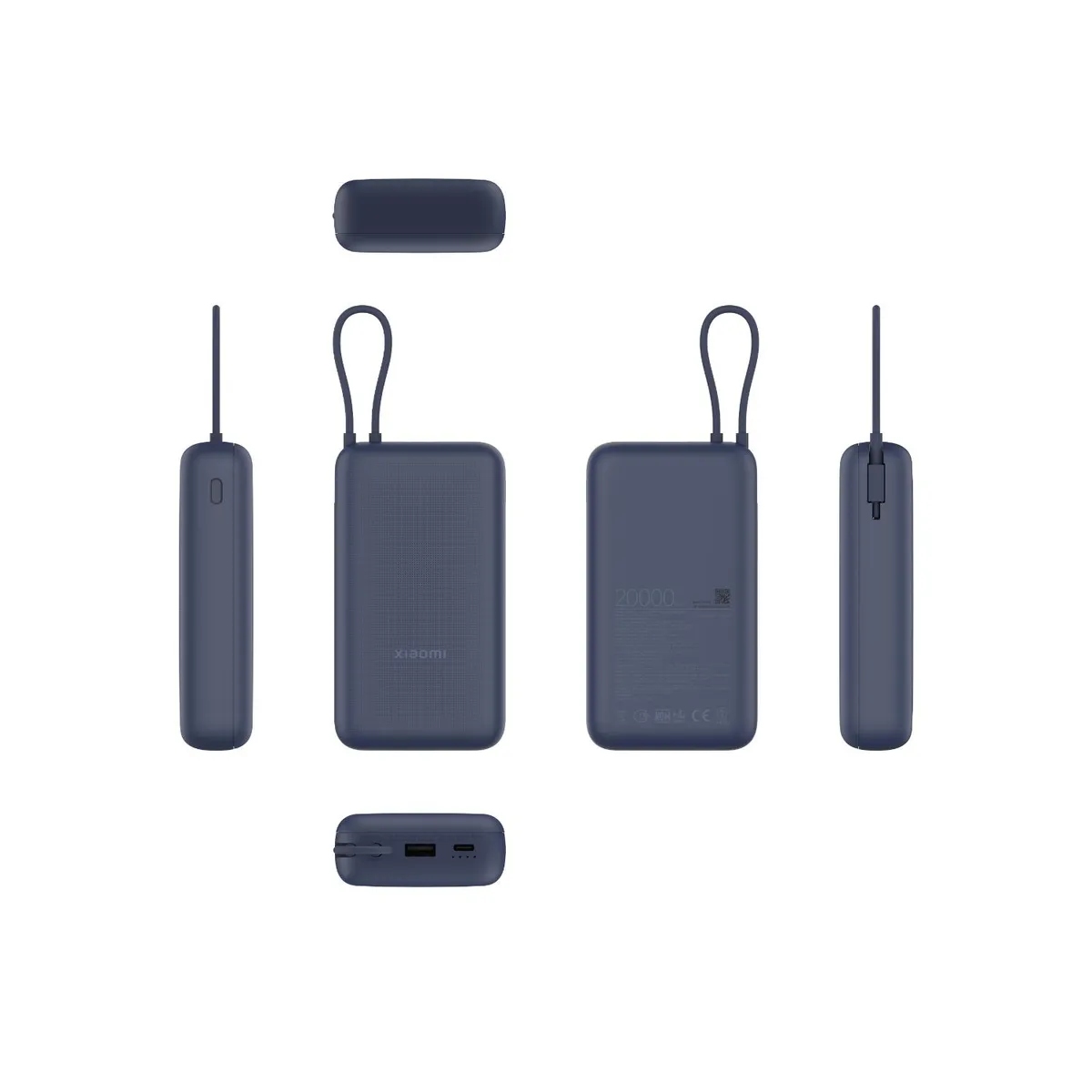 Detalle Power Bank Xiaomi azul con cable integrado